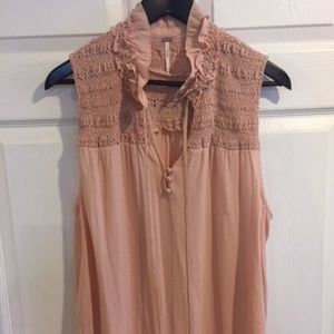 Peach Free People Smocked Sleeveless Blouse Sz L